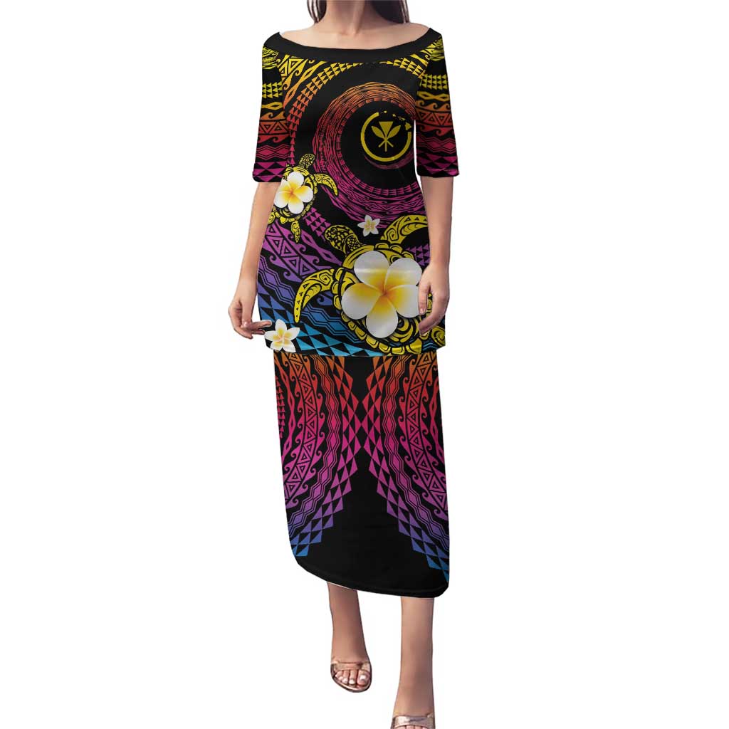 Hawaiian Plumeria Turtle Tribal Spiral Polynesian Tattoo Puletasi Fanciful Color LT03 Long Dress Gradient - Polynesian Pride