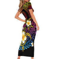 Hawaiian Plumeria Turtle Tribal Spiral Polynesian Tattoo Short Sleeve Bodycon Dress Fanciful Color LT03 - Polynesian Pride