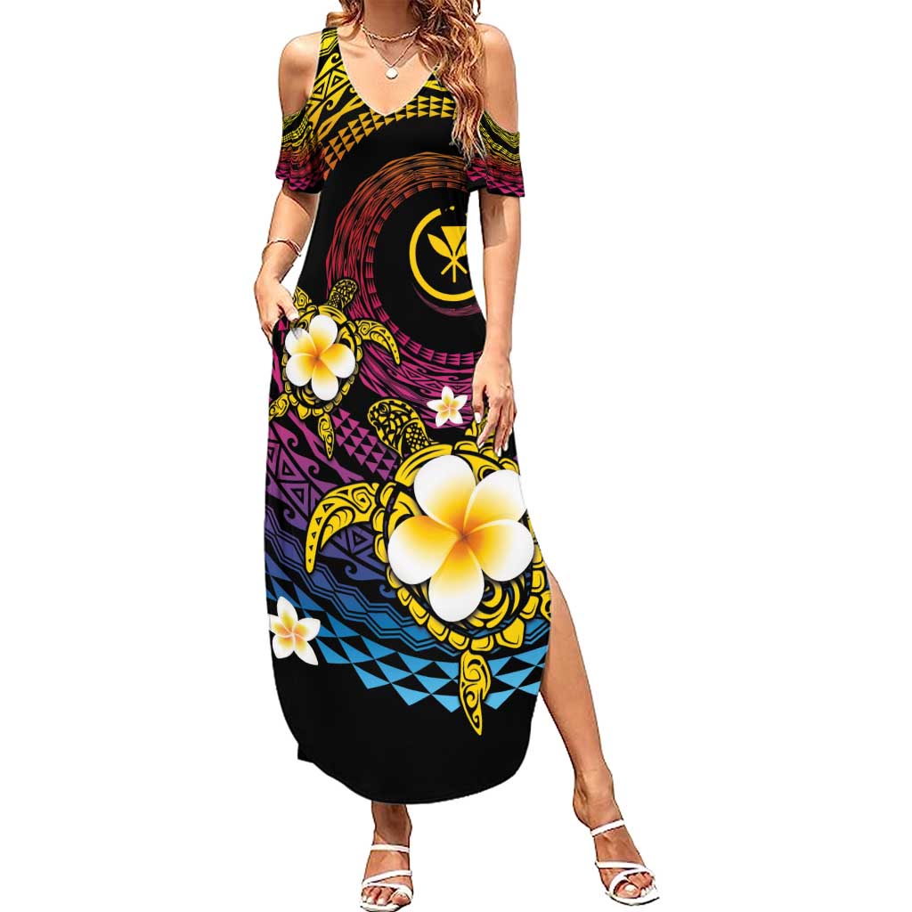 Hawaiian Plumeria Turtle Tribal Spiral Polynesian Tattoo Summer Maxi Dress Fanciful Color LT03 Women Gradient - Polynesian Pride
