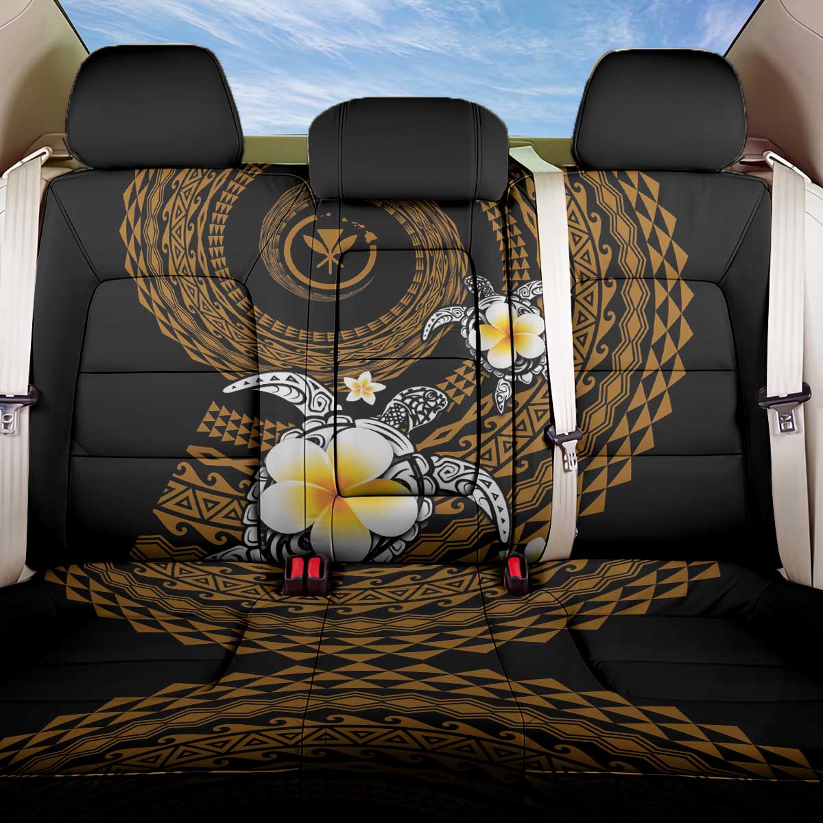 Hawaiian Plumeria Turtle Tribal Spiral Polynesian Tattoo Back Car Seat Cover Gold Color LT03 One Size Gold - Polynesian Pride