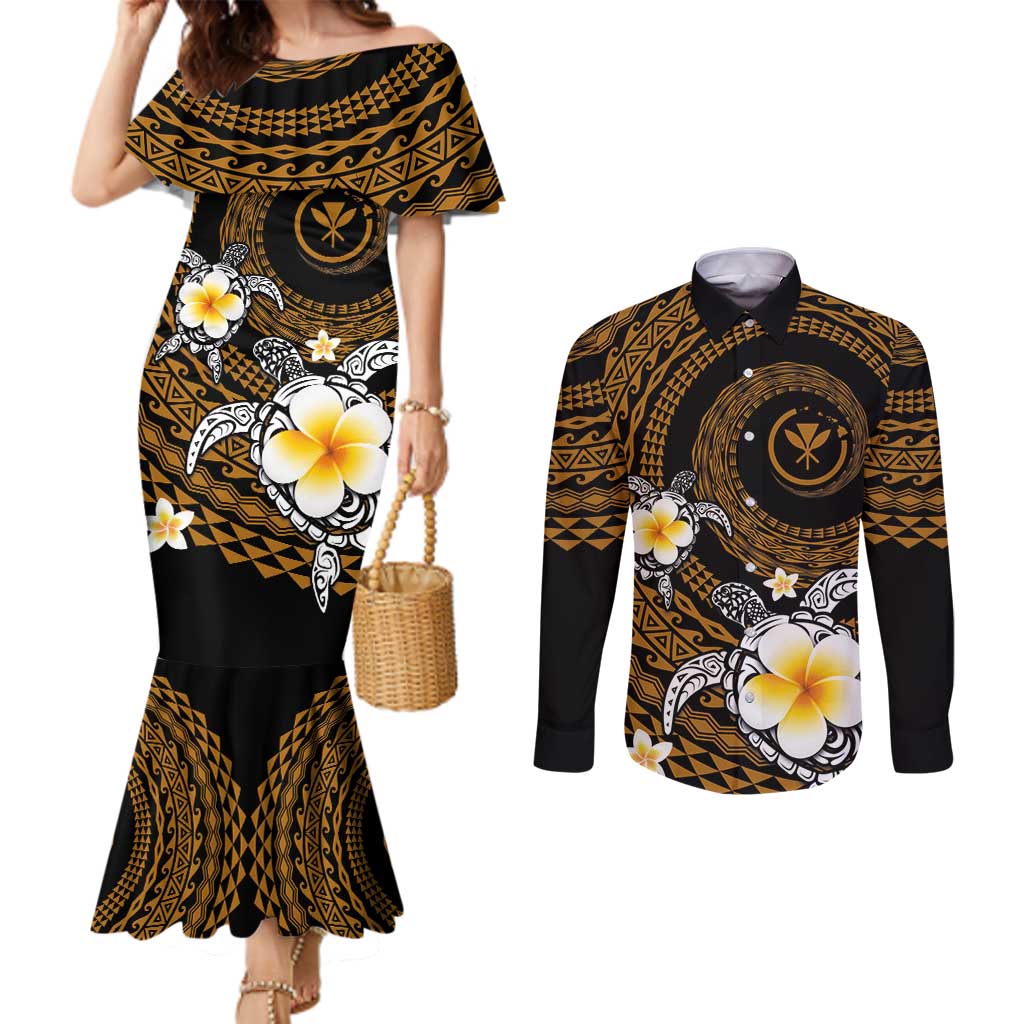 Hawaiian Plumeria Turtle Tribal Spiral Polynesian Tattoo Couples Matching Mermaid Dress and Long Sleeve Button Shirt Gold Color LT03 Gold - Polynesian Pride