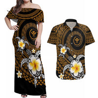 Hawaiian Plumeria Turtle Tribal Spiral Polynesian Tattoo Couples Matching Off Shoulder Maxi Dress and Hawaiian Shirt Gold Color LT03 Gold - Polynesian Pride