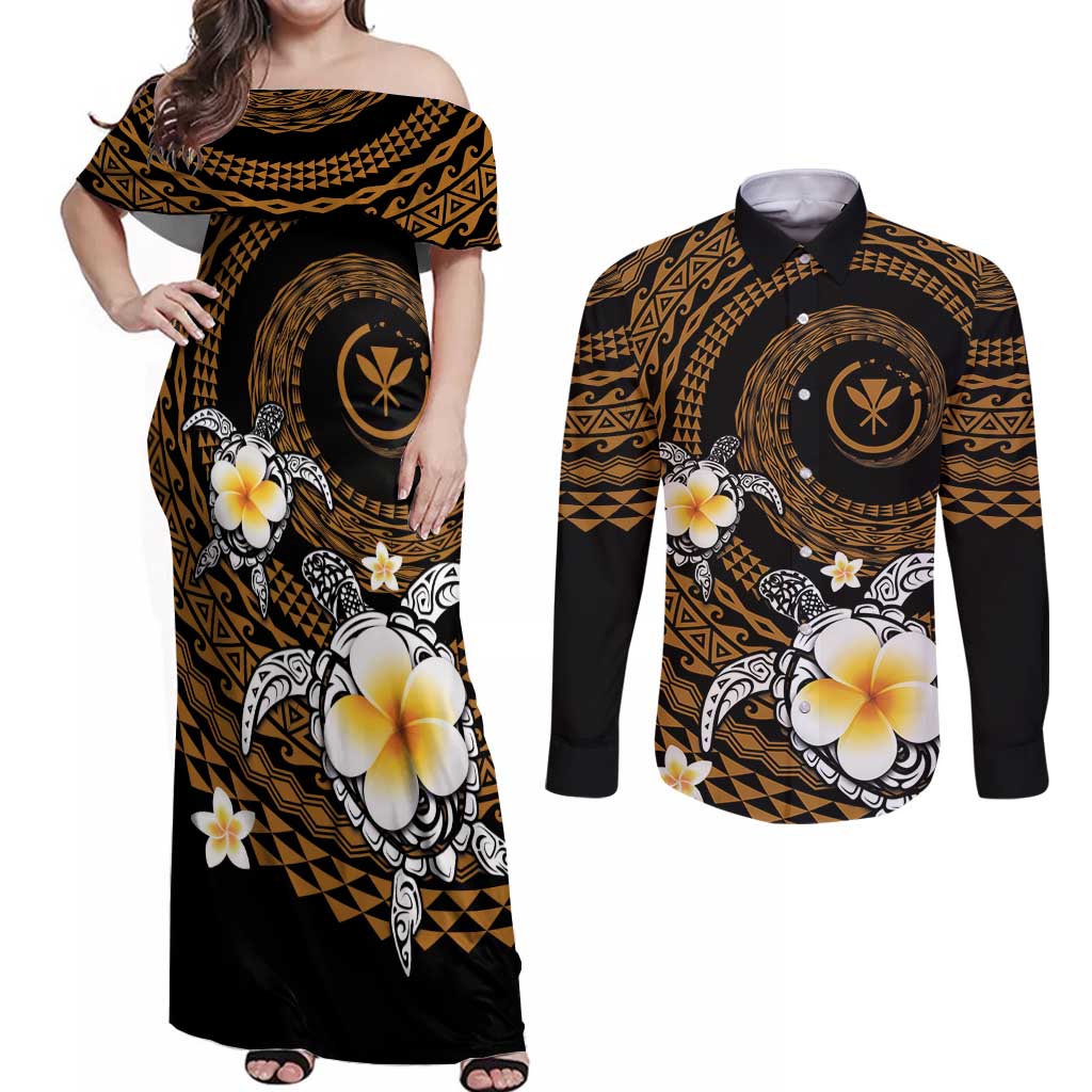 Hawaiian Plumeria Turtle Tribal Spiral Polynesian Tattoo Couples Matching Off Shoulder Maxi Dress and Long Sleeve Button Shirt Gold Color LT03 Gold - Polynesian Pride