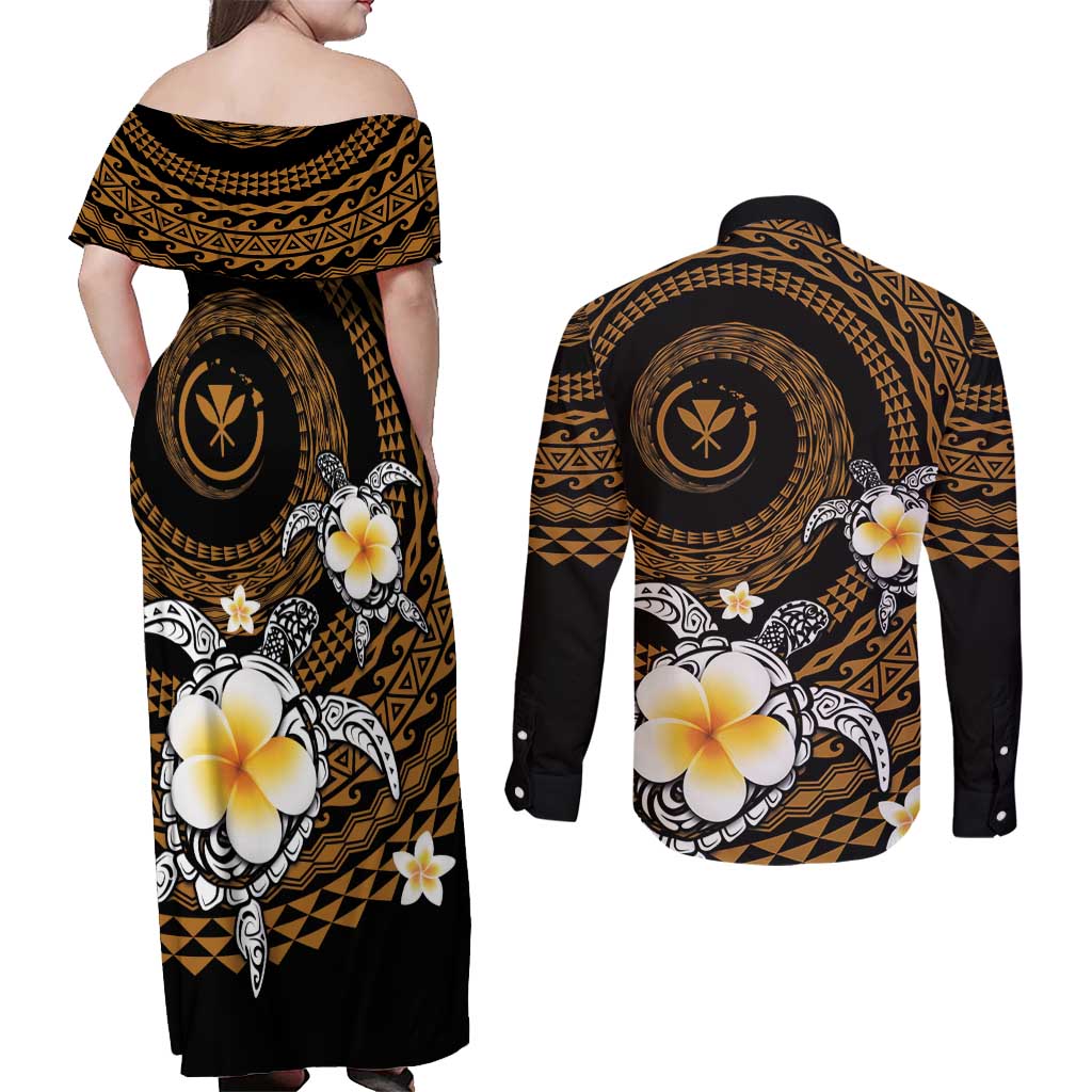 Hawaiian Plumeria Turtle Tribal Spiral Polynesian Tattoo Couples Matching Off Shoulder Maxi Dress and Long Sleeve Button Shirt Gold Color LT03 - Polynesian Pride