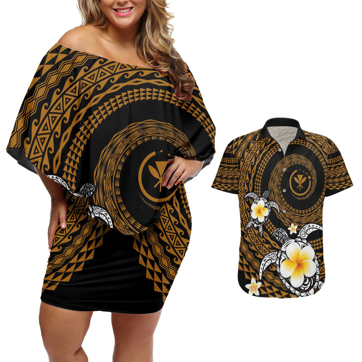 Hawaiian Plumeria Turtle Tribal Spiral Polynesian Tattoo Couples Matching Off Shoulder Short Dress and Hawaiian Shirt Gold Color LT03 Gold - Polynesian Pride