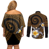 Hawaiian Plumeria Turtle Tribal Spiral Polynesian Tattoo Couples Matching Off Shoulder Short Dress and Long Sleeve Button Shirt Gold Color LT03 - Polynesian Pride