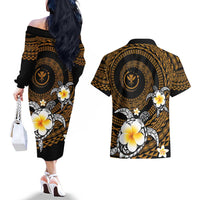 Hawaiian Plumeria Turtle Tribal Spiral Polynesian Tattoo Couples Matching Off The Shoulder Long Sleeve Dress and Hawaiian Shirt Gold Color LT03 - Polynesian Pride