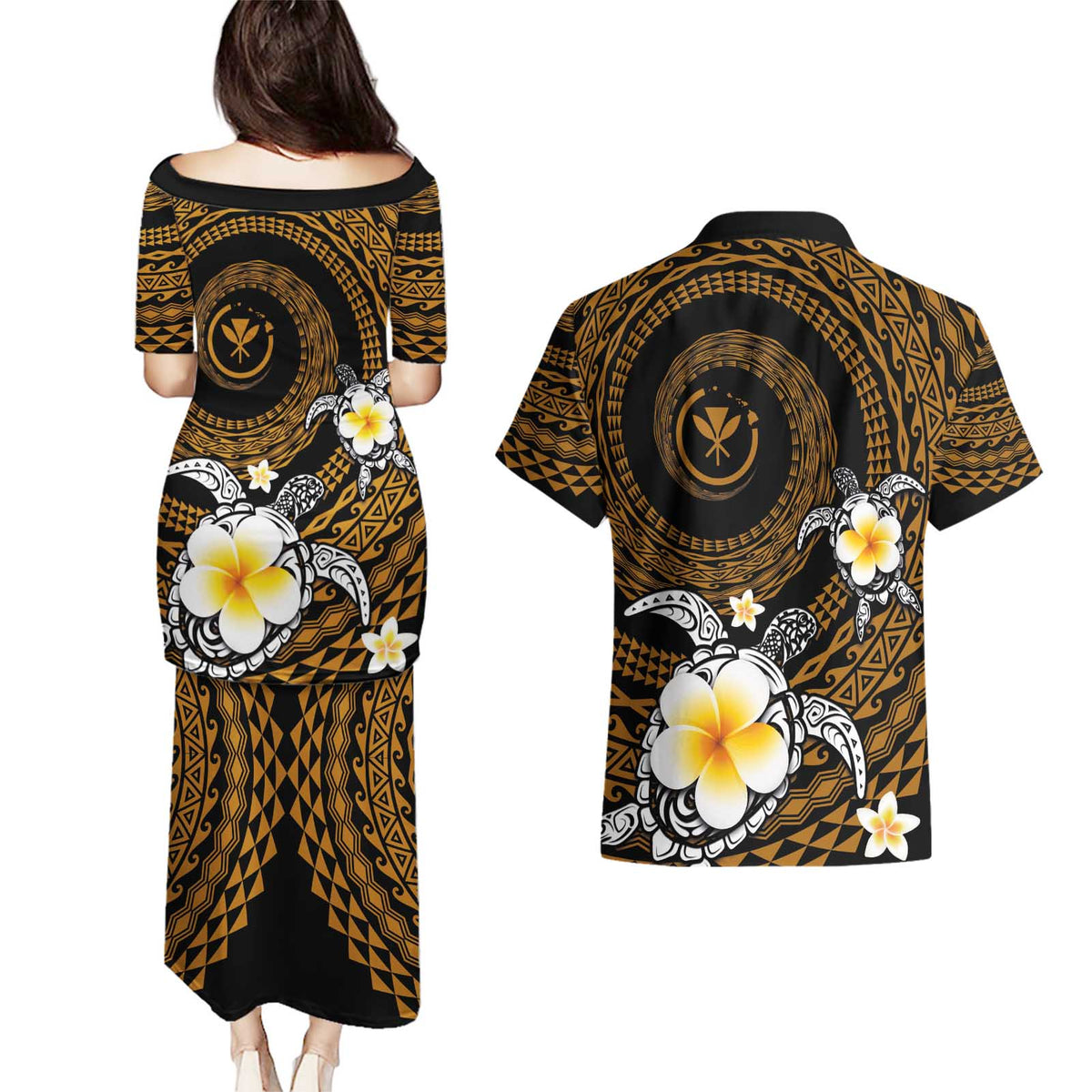 Hawaiian Plumeria Turtle Tribal Spiral Polynesian Tattoo Couples Matching Puletasi and Hawaiian Shirt Gold Color LT03 - Polynesian Pride