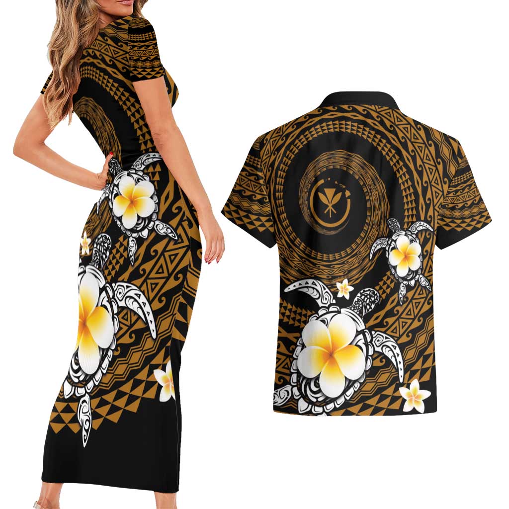 Hawaiian Plumeria Turtle Tribal Spiral Polynesian Tattoo Couples Matching Short Sleeve Bodycon Dress and Hawaiian Shirt Gold Color LT03 - Polynesian Pride
