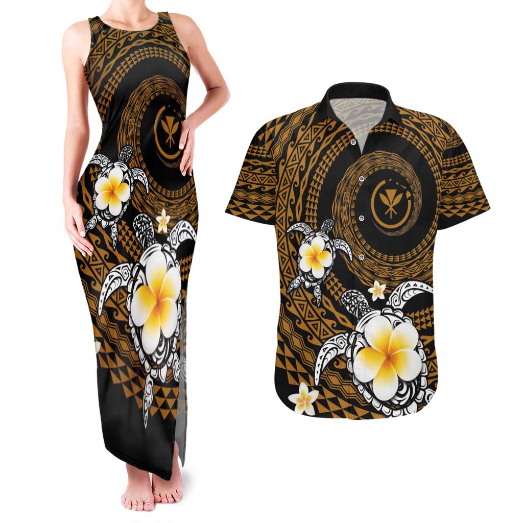 Hawaiian Plumeria Turtle Tribal Spiral Polynesian Tattoo Couples Matching Tank Maxi Dress and Hawaiian Shirt Gold Color LT03 Gold - Polynesian Pride