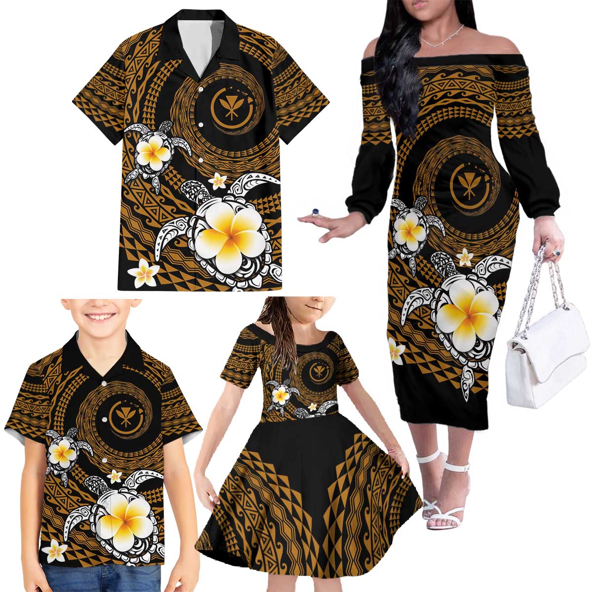 Hawaiian Plumeria Turtle Tribal Spiral Polynesian Tattoo Family Matching Off The Shoulder Long Sleeve Dress and Hawaiian Shirt Gold Color LT03 - Polynesian Pride