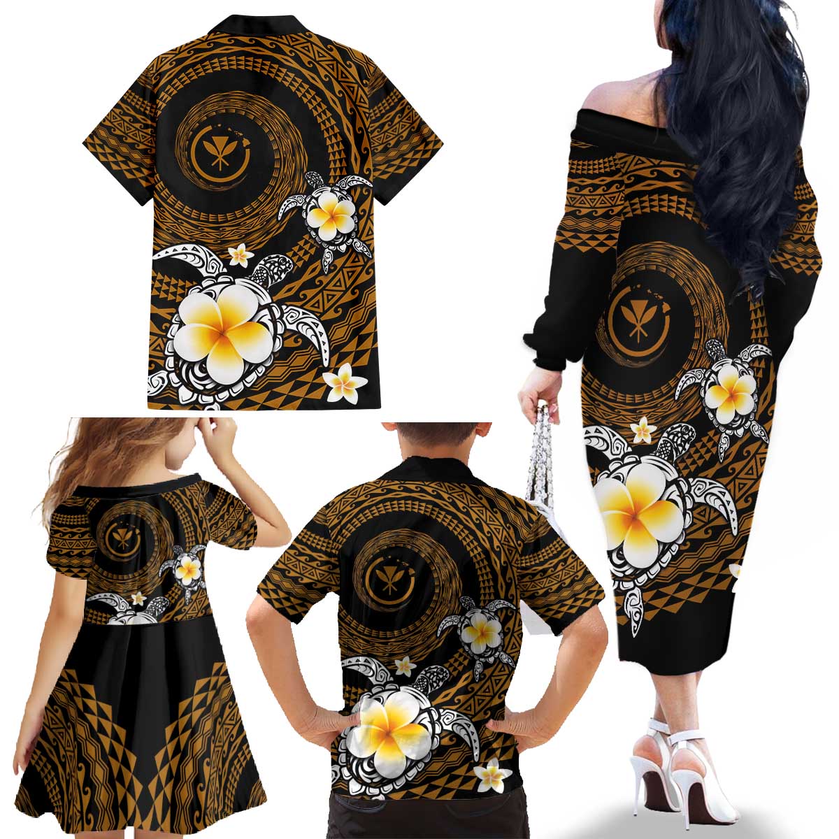 Hawaiian Plumeria Turtle Tribal Spiral Polynesian Tattoo Family Matching Off The Shoulder Long Sleeve Dress and Hawaiian Shirt Gold Color LT03 - Polynesian Pride