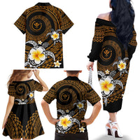Hawaiian Plumeria Turtle Tribal Spiral Polynesian Tattoo Family Matching Off The Shoulder Long Sleeve Dress and Hawaiian Shirt Gold Color LT03 - Polynesian Pride