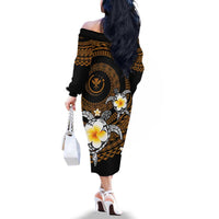 Hawaiian Plumeria Turtle Tribal Spiral Polynesian Tattoo Family Matching Off The Shoulder Long Sleeve Dress and Hawaiian Shirt Gold Color LT03 - Polynesian Pride
