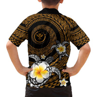 Hawaiian Plumeria Turtle Tribal Spiral Polynesian Tattoo Family Matching Off Shoulder Short Dress and Hawaiian Shirt Gold Color LT03 - Polynesian Pride