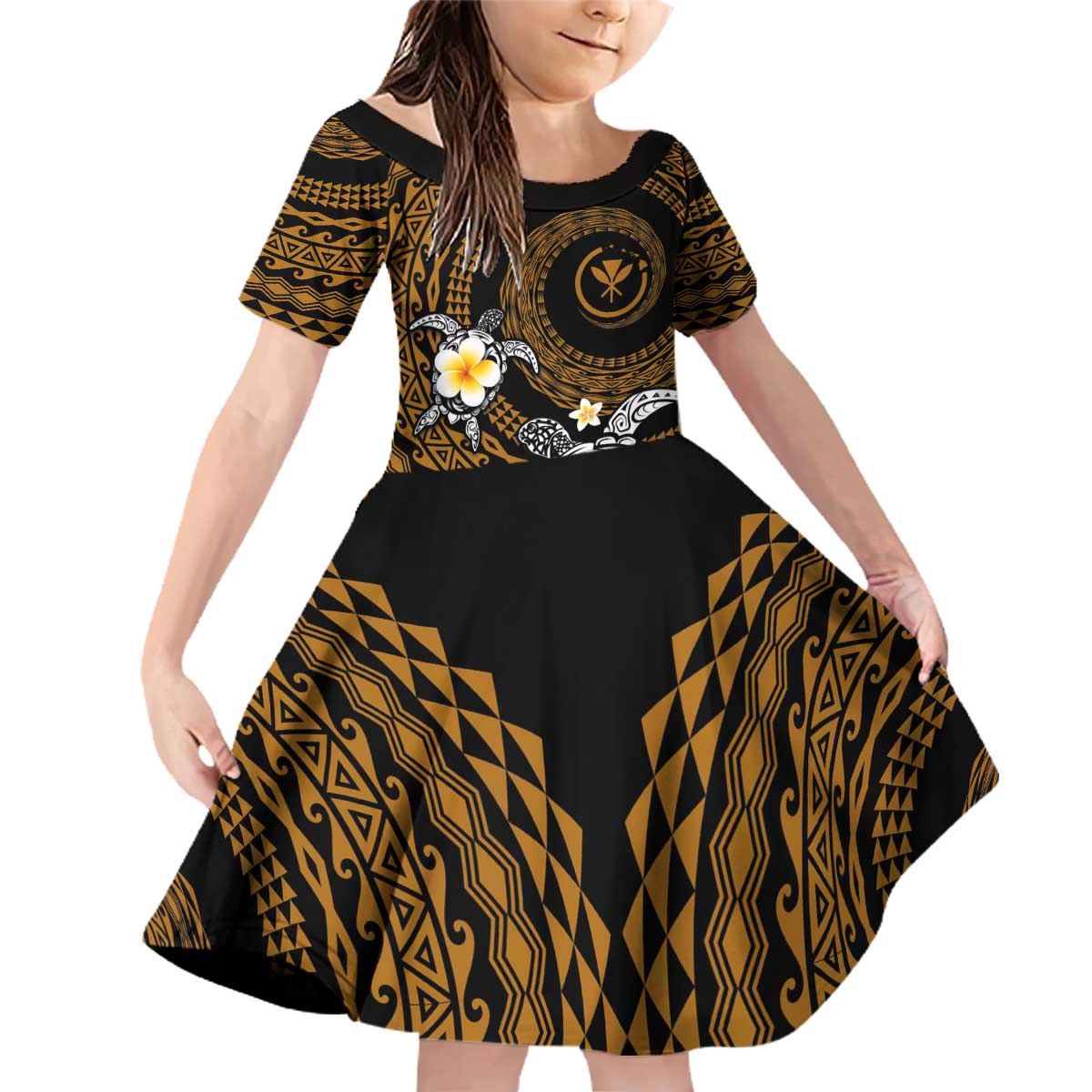 Hawaiian Plumeria Turtle Tribal Spiral Polynesian Tattoo Family Matching Off Shoulder Short Dress and Hawaiian Shirt Gold Color LT03 Daughter's Dress Gold - Polynesian Pride