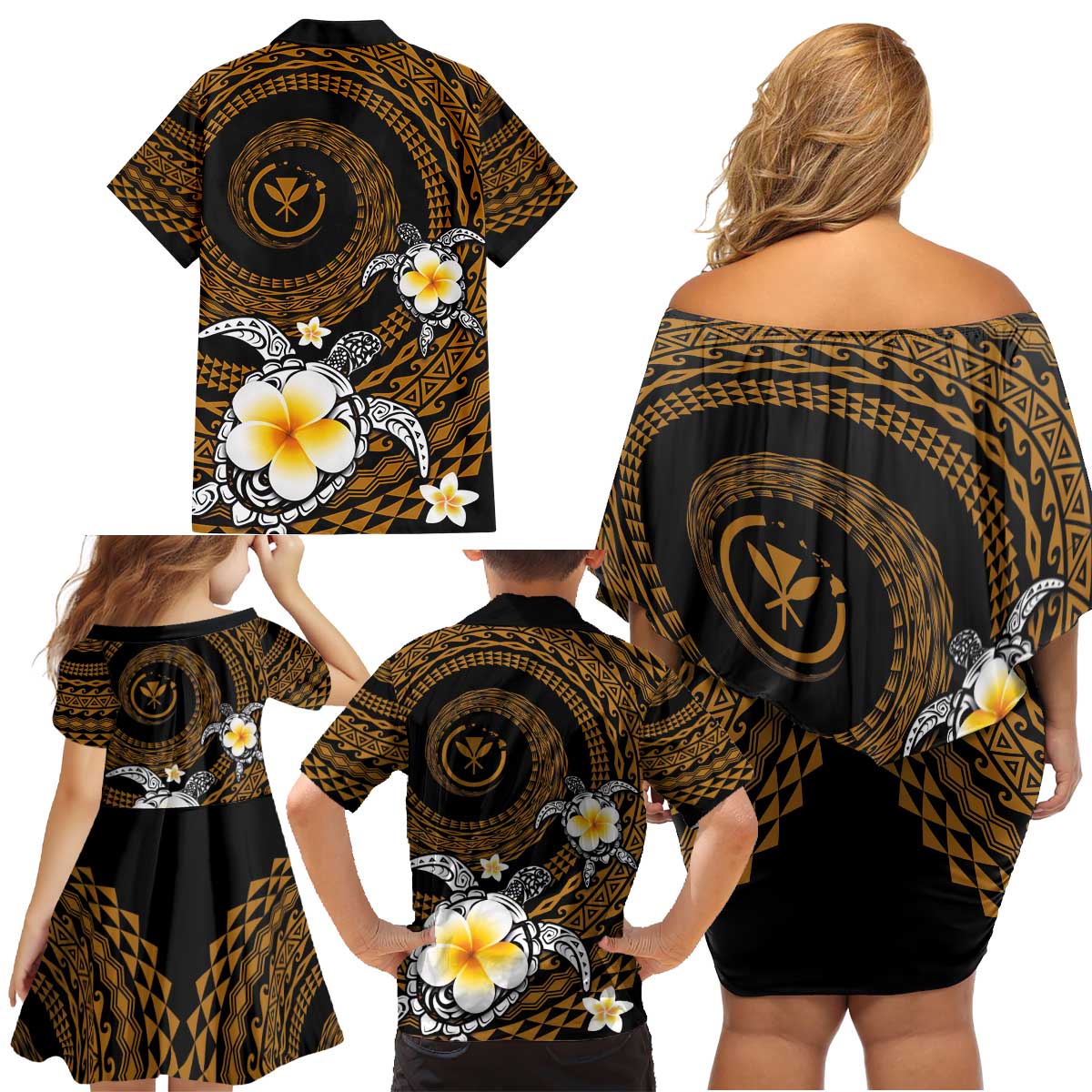 Hawaiian Plumeria Turtle Tribal Spiral Polynesian Tattoo Family Matching Off Shoulder Short Dress and Hawaiian Shirt Gold Color LT03 - Polynesian Pride