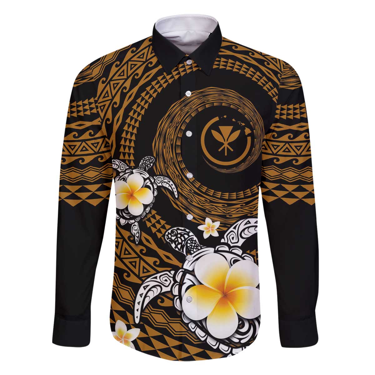 Hawaiian Plumeria Turtle Tribal Spiral Polynesian Tattoo Family Matching Off Shoulder Short Dress and Hawaiian Shirt Gold Color LT03 Dad's Shirt - Long Sleeve Gold - Polynesian Pride