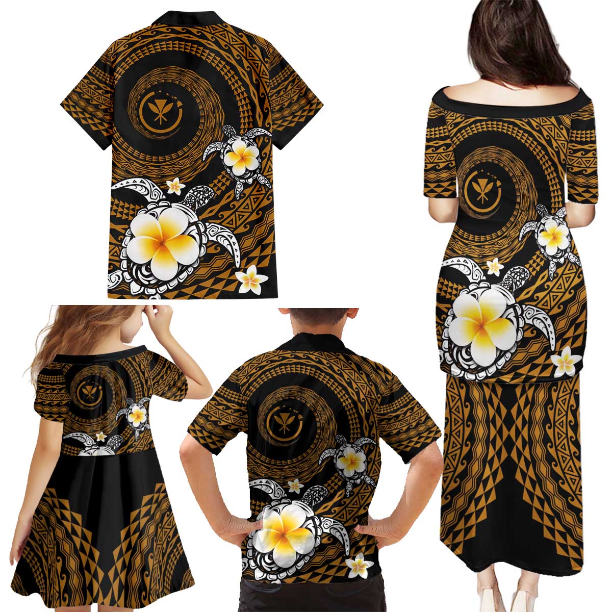Hawaiian Plumeria Turtle Tribal Spiral Polynesian Tattoo Family Matching Puletasi and Hawaiian Shirt Gold Color LT03 - Polynesian Pride