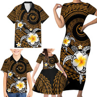 Hawaiian Plumeria Turtle Tribal Spiral Polynesian Tattoo Family Matching Short Sleeve Bodycon Dress and Hawaiian Shirt Gold Color LT03 - Polynesian Pride