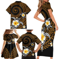 Hawaiian Plumeria Turtle Tribal Spiral Polynesian Tattoo Family Matching Short Sleeve Bodycon Dress and Hawaiian Shirt Gold Color LT03 - Polynesian Pride