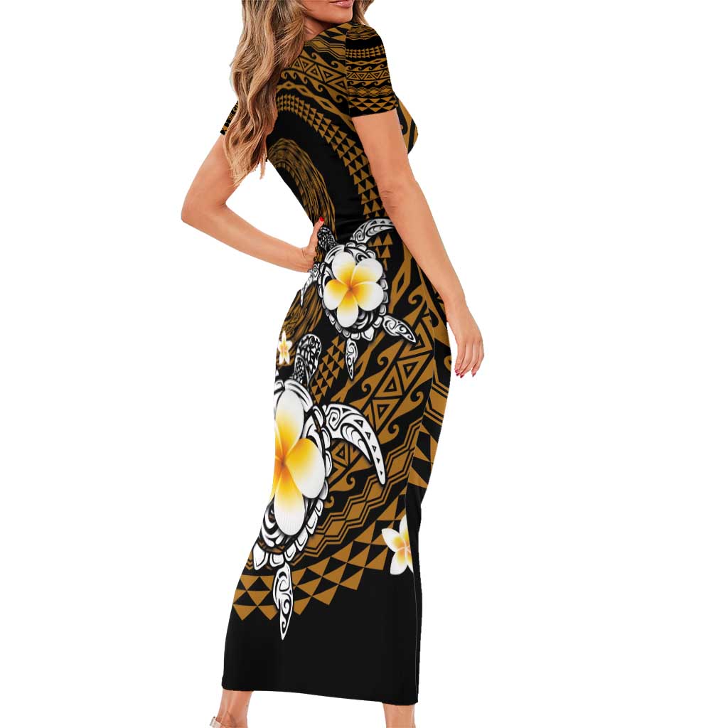 Hawaiian Plumeria Turtle Tribal Spiral Polynesian Tattoo Family Matching Short Sleeve Bodycon Dress and Hawaiian Shirt Gold Color LT03 - Polynesian Pride