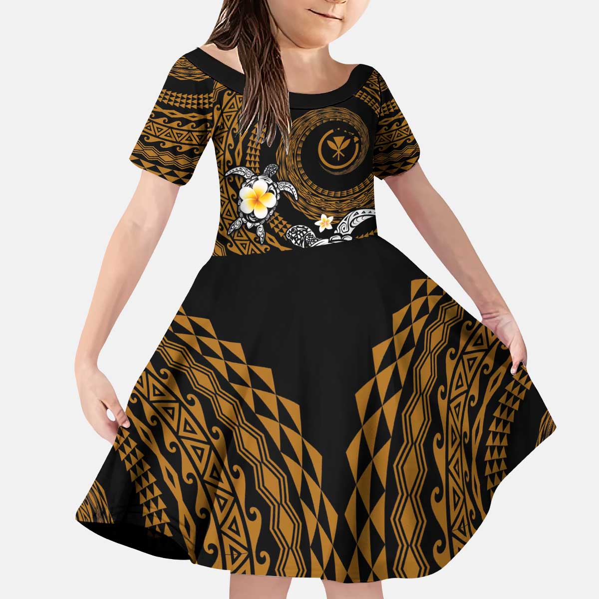 Hawaiian Plumeria Turtle Tribal Spiral Polynesian Tattoo Kid Short Sleeve Dress Gold Color LT03 KID Gold - Polynesian Pride