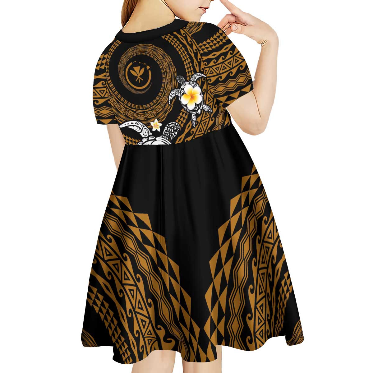 Hawaiian Plumeria Turtle Tribal Spiral Polynesian Tattoo Kid Short Sleeve Dress Gold Color LT03 - Polynesian Pride