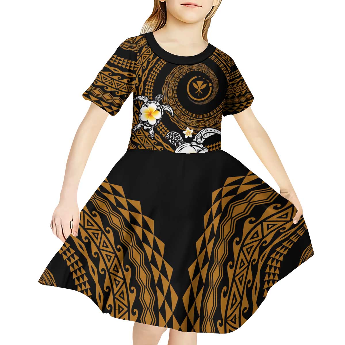 Hawaiian Plumeria Turtle Tribal Spiral Polynesian Tattoo Kid Short Sleeve Dress Gold Color LT03 - Polynesian Pride