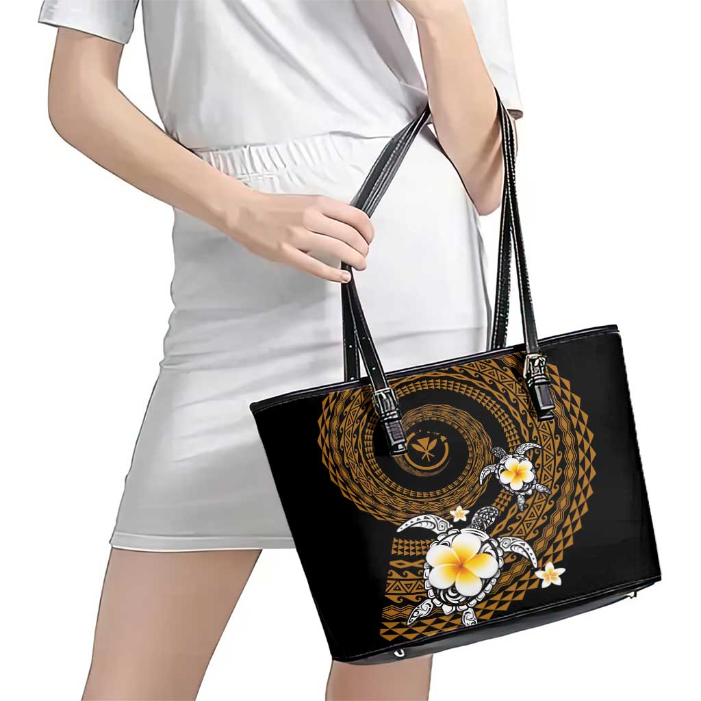 Hawaiian Plumeria Turtle Tribal Spiral Polynesian Tattoo Leather Tote Bag Gold Color LT03 - Polynesian Pride