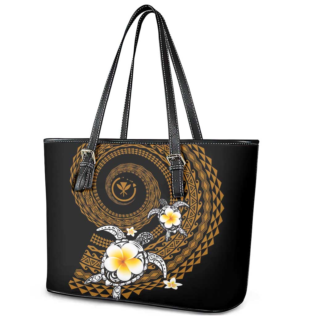 Hawaiian Plumeria Turtle Tribal Spiral Polynesian Tattoo Leather Tote Bag Gold Color LT03 - Polynesian Pride