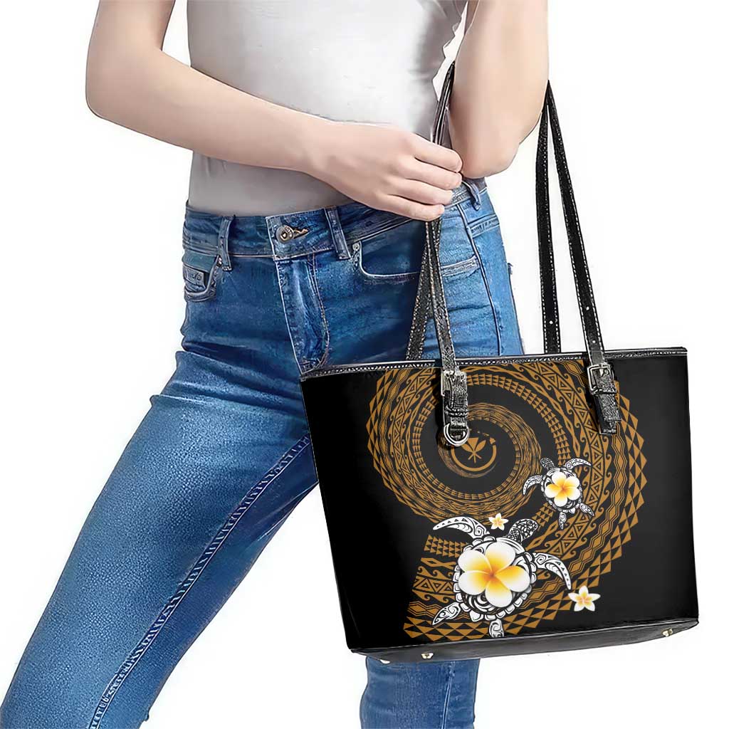 Hawaiian Plumeria Turtle Tribal Spiral Polynesian Tattoo Leather Tote Bag Gold Color LT03 - Polynesian Pride