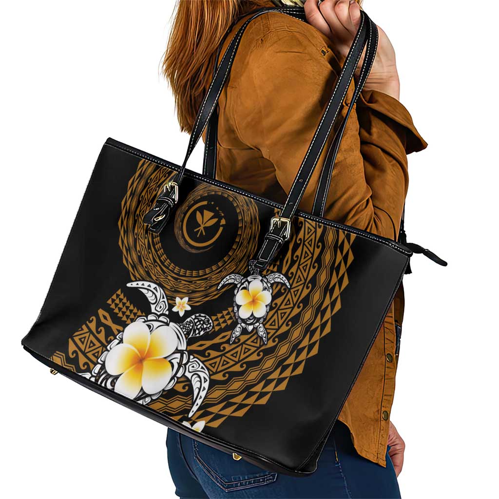 Hawaiian Plumeria Turtle Tribal Spiral Polynesian Tattoo Leather Tote Bag Gold Color LT03 - Polynesian Pride