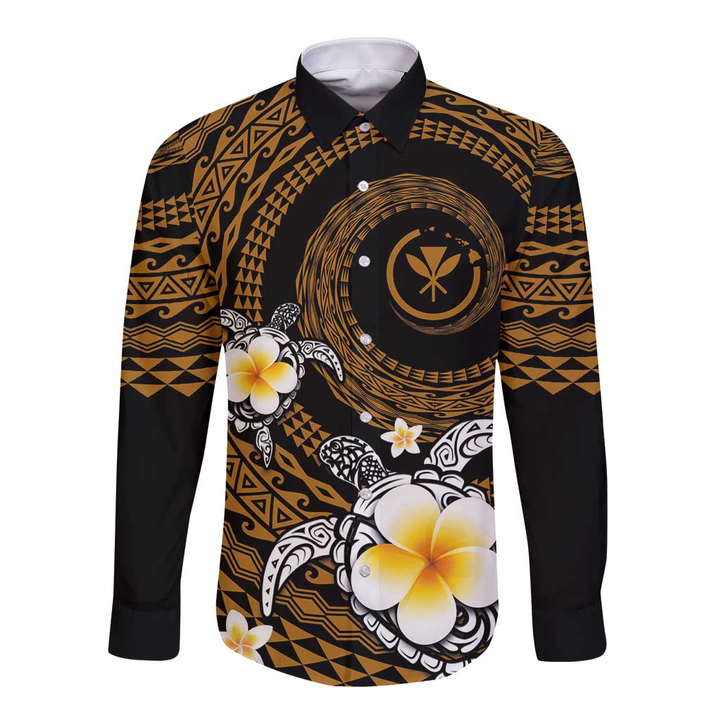 Hawaiian Plumeria Turtle Tribal Spiral Polynesian Tattoo Long Sleeve Button Shirt Gold Color LT03 Unisex Gold - Polynesian Pride
