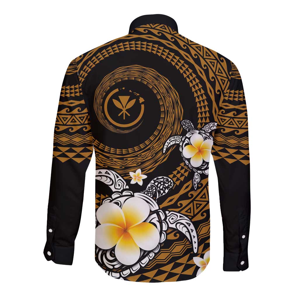 Hawaiian Plumeria Turtle Tribal Spiral Polynesian Tattoo Long Sleeve Button Shirt Gold Color LT03 - Polynesian Pride