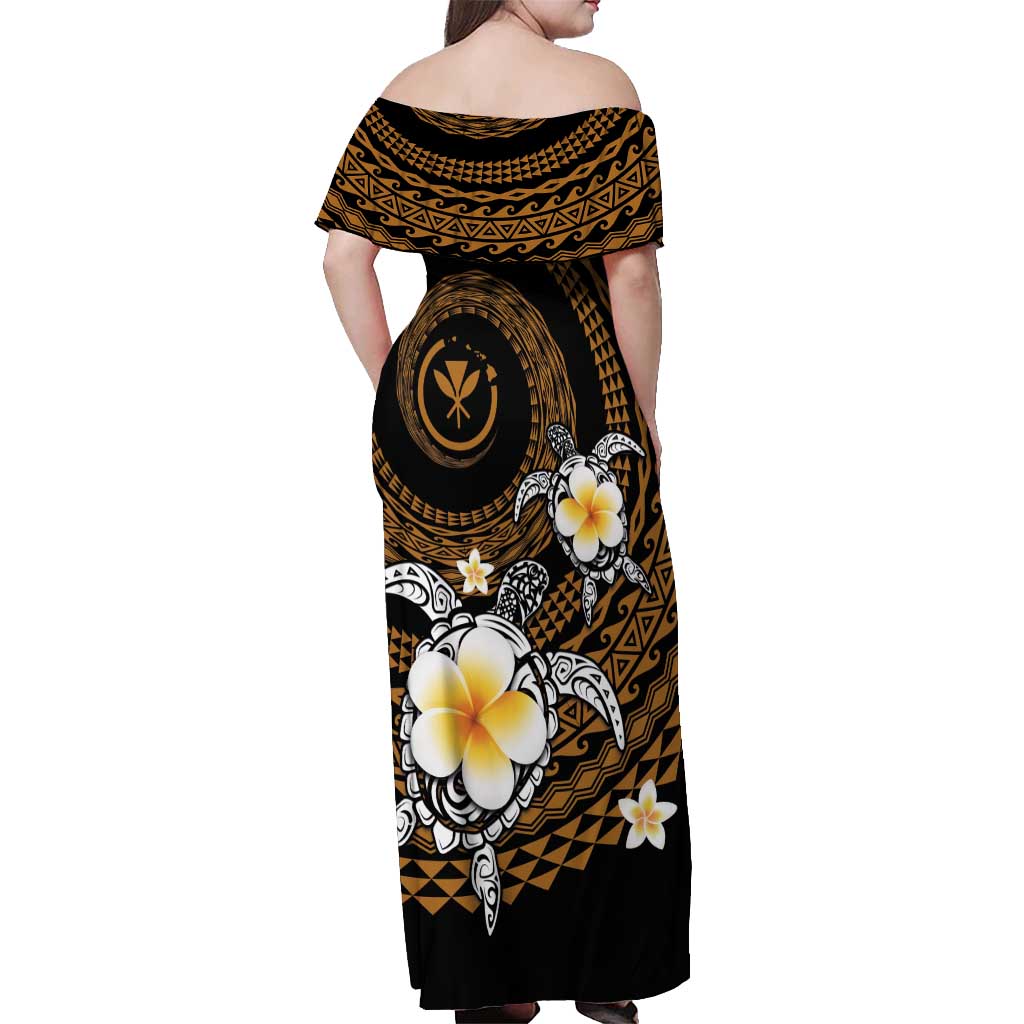 Hawaiian Plumeria Turtle Tribal Spiral Polynesian Tattoo Off Shoulder Maxi Dress Gold Color LT03 - Polynesian Pride