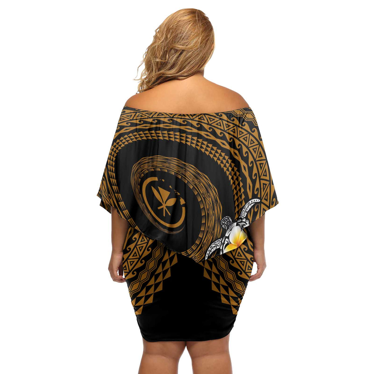 Hawaiian Plumeria Turtle Tribal Spiral Polynesian Tattoo Off Shoulder Short Dress Gold Color LT03 - Polynesian Pride