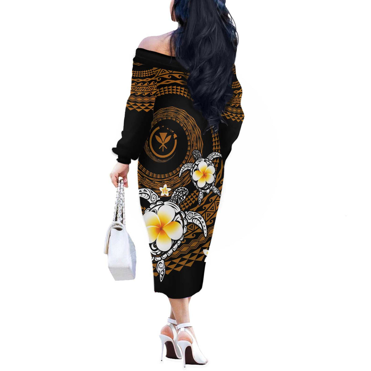 Hawaiian Plumeria Turtle Tribal Spiral Polynesian Tattoo Off The Shoulder Long Sleeve Dress Gold Color LT03 - Polynesian Pride