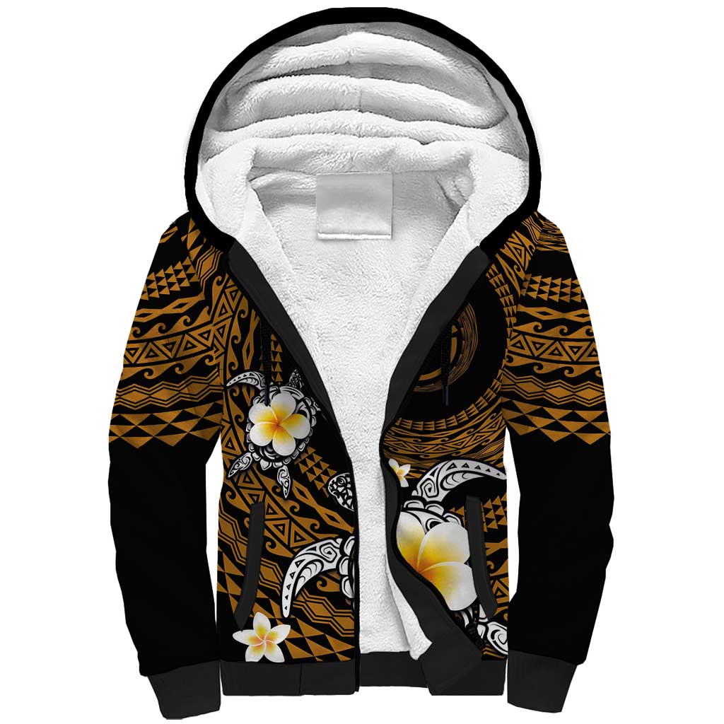 Hawaiian Plumeria Turtle Tribal Spiral Polynesian Tattoo Sherpa Hoodie Gold Color LT03 Unisex Gold - Polynesian Pride