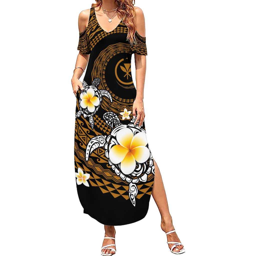 Hawaiian Plumeria Turtle Tribal Spiral Polynesian Tattoo Summer Maxi Dress Gold Color LT03 Women Gold - Polynesian Pride