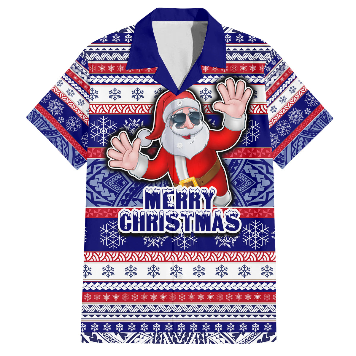 Custom American Samoa Christmas Family Matching Puletasi Dress and Hawaiian Shirt Samoan Coat of Arms and Cool Santa Ornament Style LT03 Dad's Shirt - Short Sleeve Blue - Polynesian Pride
