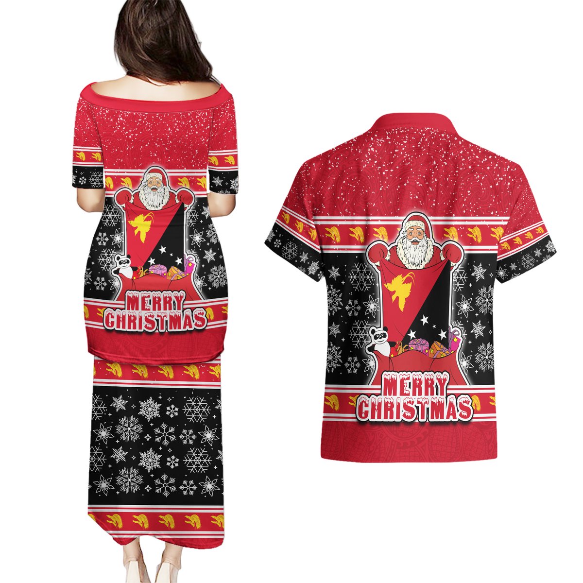 Papua New Guinea Christmas Couples Matching Puletasi Dress and Hawaiian Shirt Santa With Flag Of PNG Polynesian Tribal Xmas Vibe LT03 - Polynesian Pride