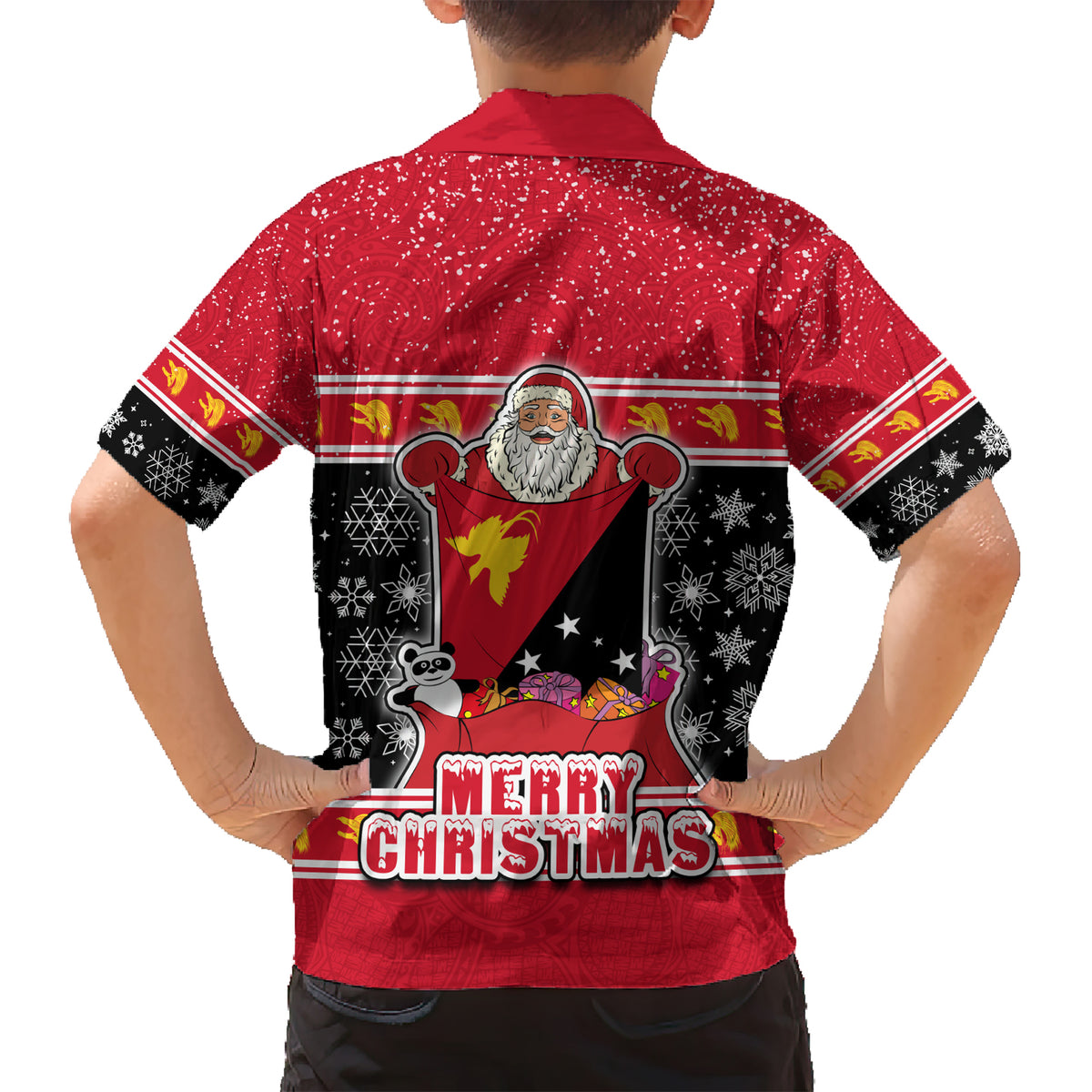 Papua New Guinea Christmas Kid Hawaiian Shirt Santa With Flag Of PNG Polynesian Tribal Xmas Vibe LT03 - Polynesian Pride