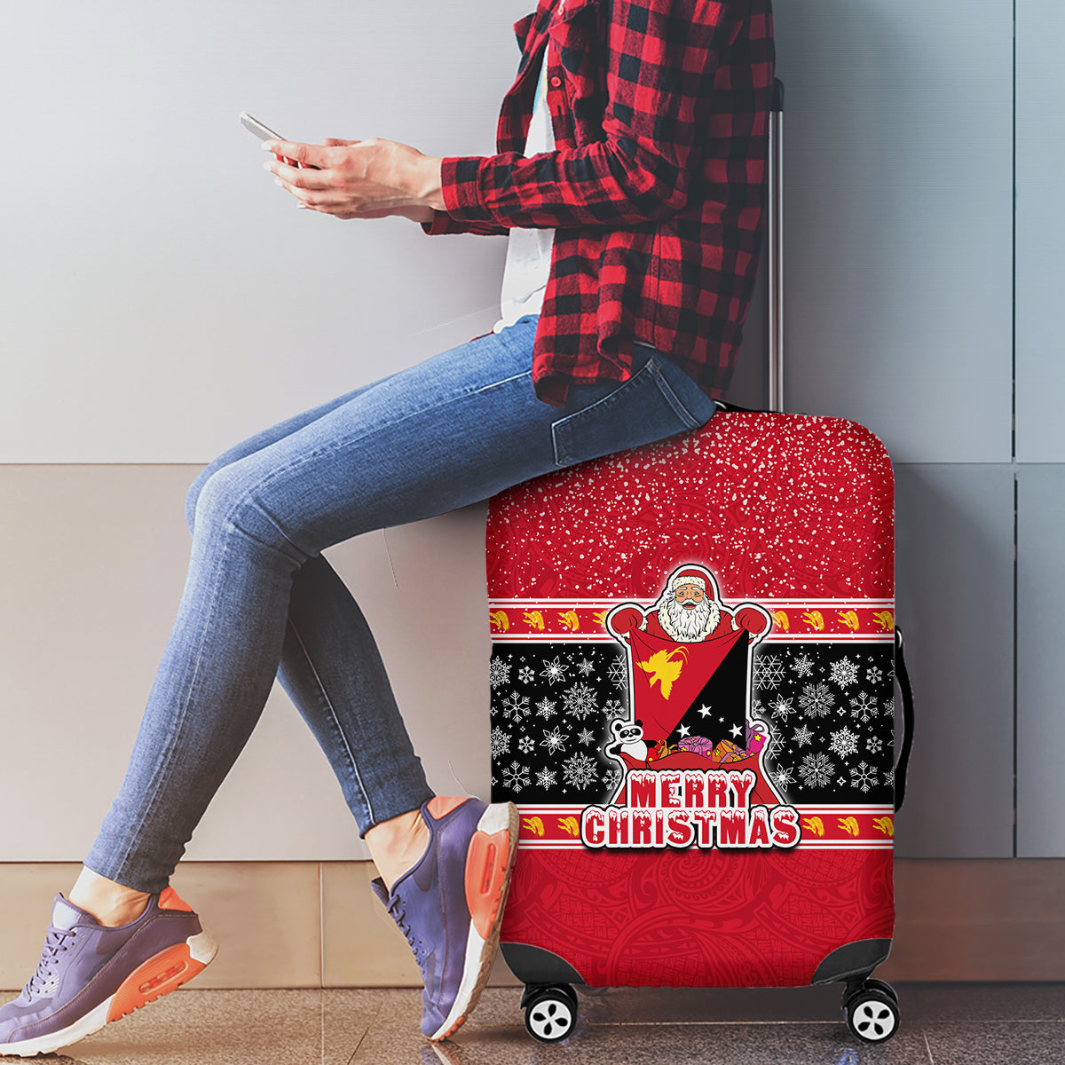 Papua New Guinea Christmas Luggage Cover Santa With Flag Of PNG Polynesian Tribal Xmas Vibe LT03 - Polynesian Pride