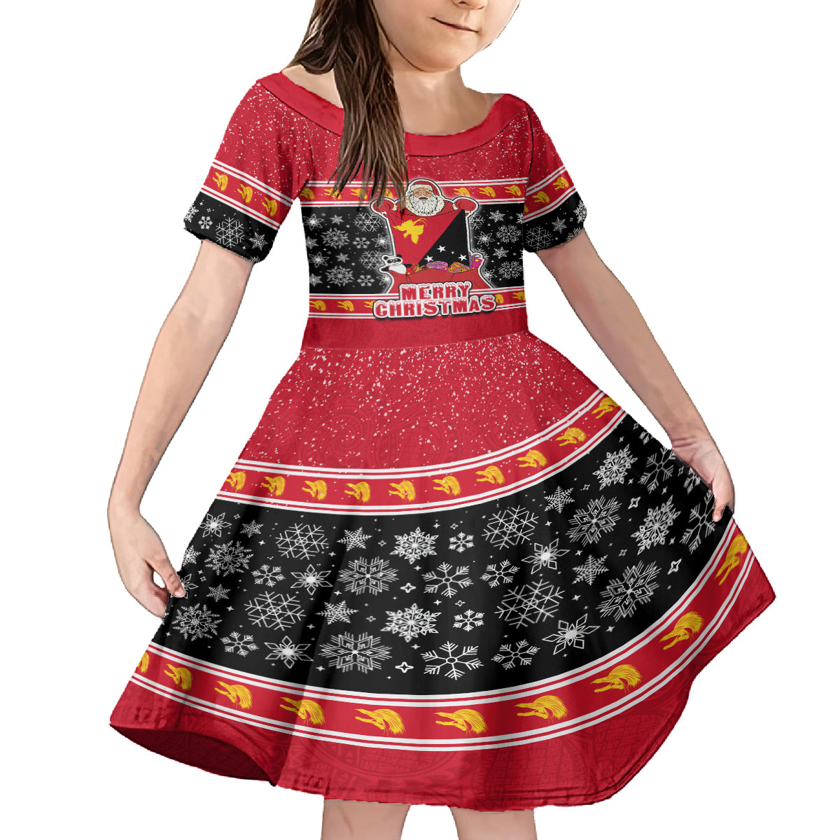 Custom Papua New Guinea Christmas Family Matching Puletasi Dress and Hawaiian Shirt Santa With Flag Of PNG Polynesian Tribal Xmas Vibe LT03 Daughter's Dress Red - Polynesian Pride