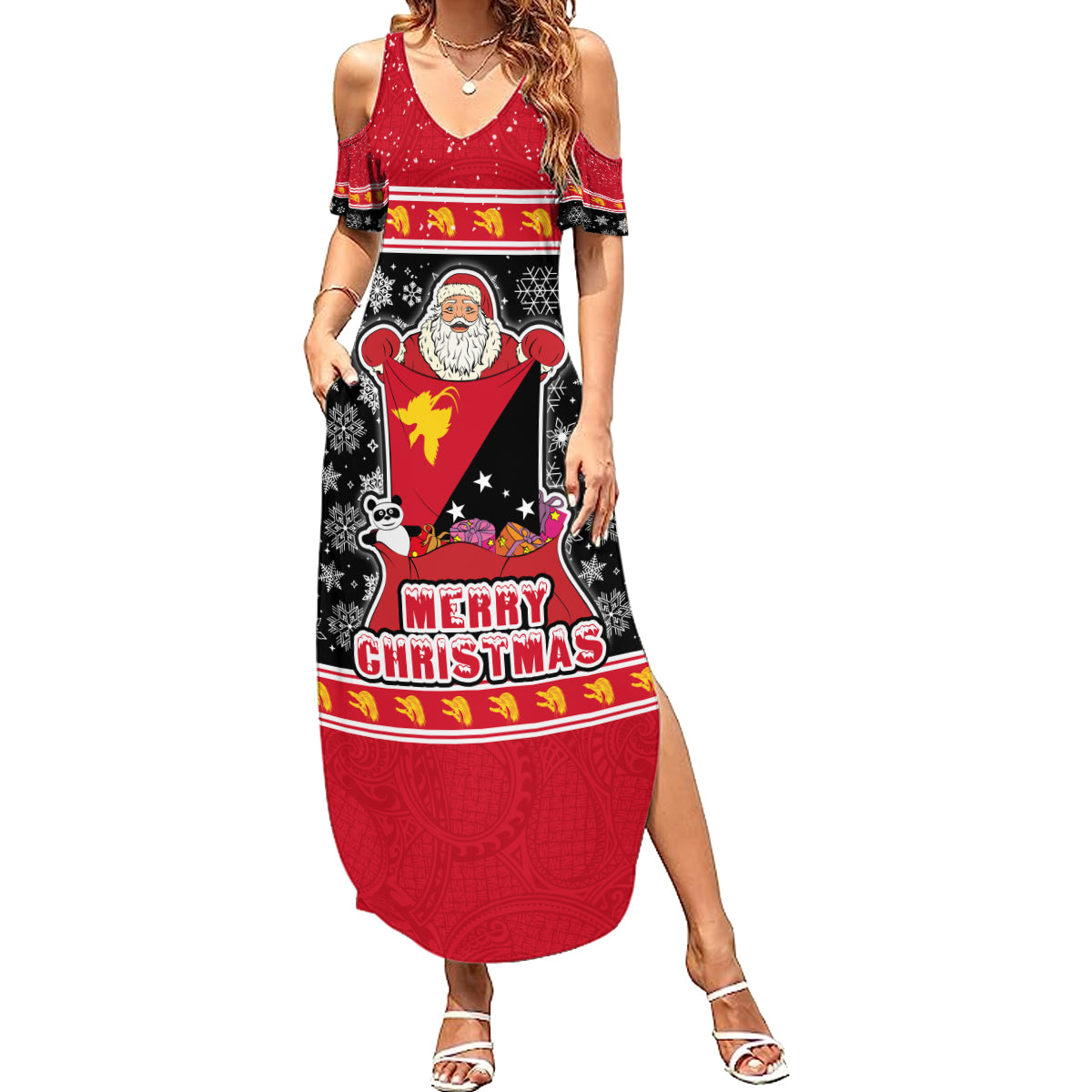 Custom Papua New Guinea Christmas Family Matching Summer Maxi Dress and Hawaiian Shirt Santa With Flag Of PNG Polynesian Tribal Xmas Vibe LT03 Mom's Dress Red - Polynesian Pride