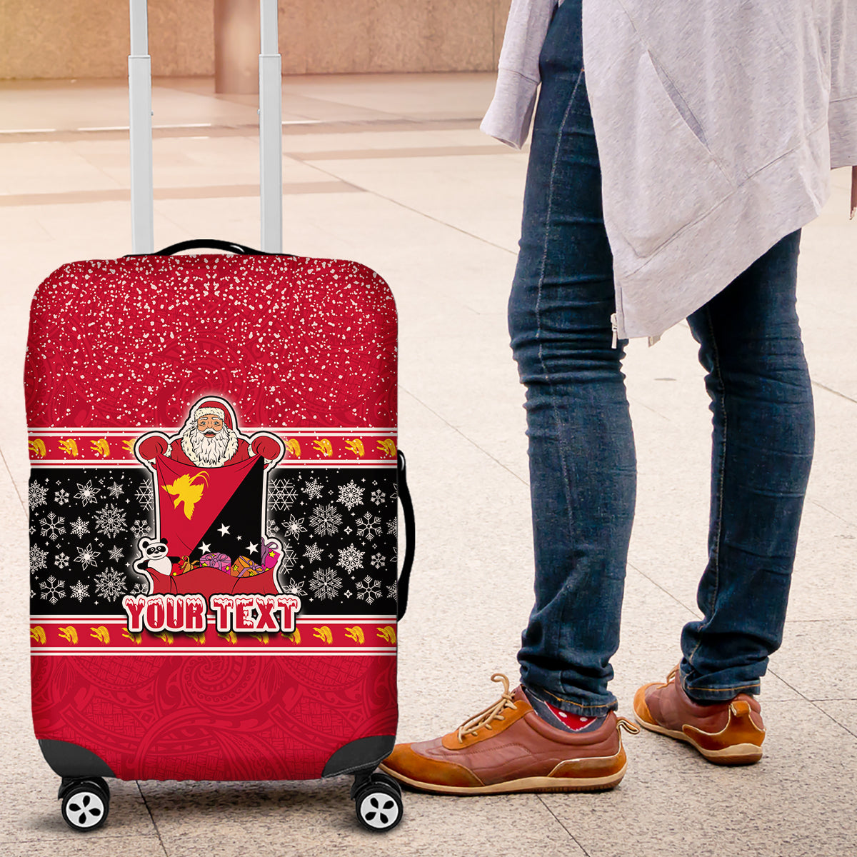 Custom Papua New Guinea Christmas Luggage Cover Santa With Flag Of PNG Polynesian Tribal Xmas Vibe LT03 Red - Polynesian Pride