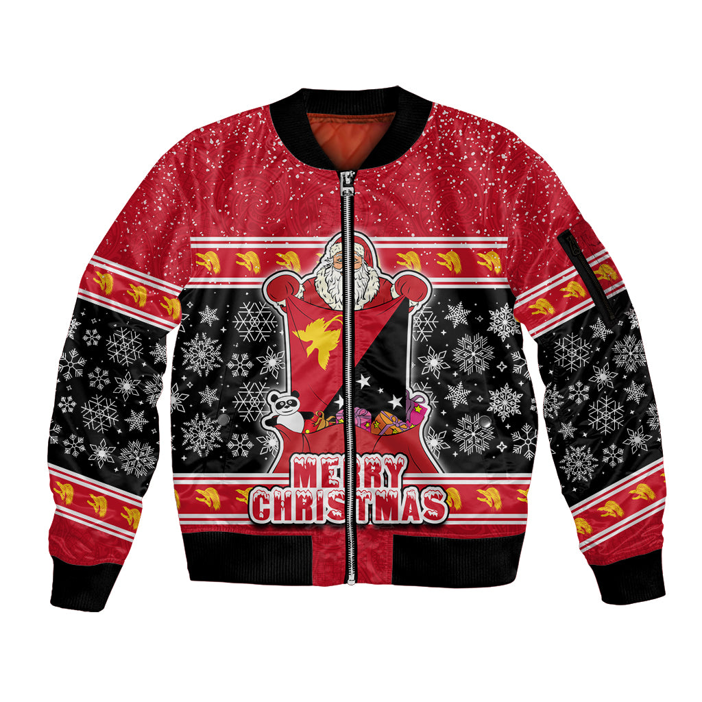 Custom Papua New Guinea Christmas Sleeve Zip Bomber Jacket Santa With Flag Of PNG Polynesian Tribal Xmas Vibe LT03 Unisex Red - Polynesian Pride