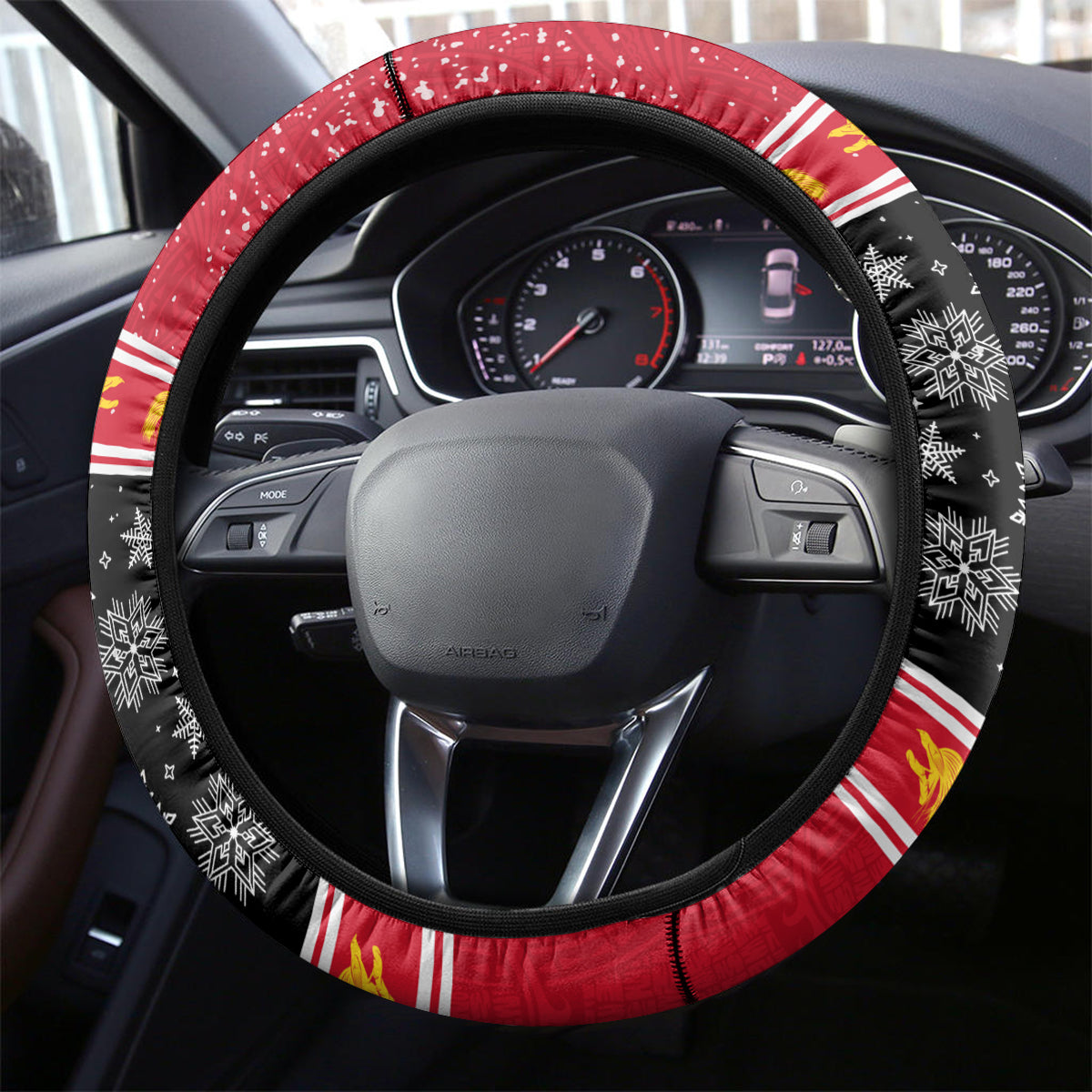 Papua New Guinea Christmas Steering Wheel Cover Santa With Flag Of PNG Polynesian Tribal Xmas Vibe LT03 - Polynesian Pride