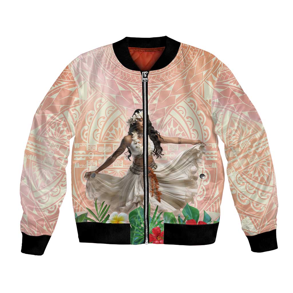 Woman Polynesian Tattoos Bomber Jacket Tropical Flower - Peach Fuzz Color LT03 Unisex Peach Fuzz - Polynesian Pride